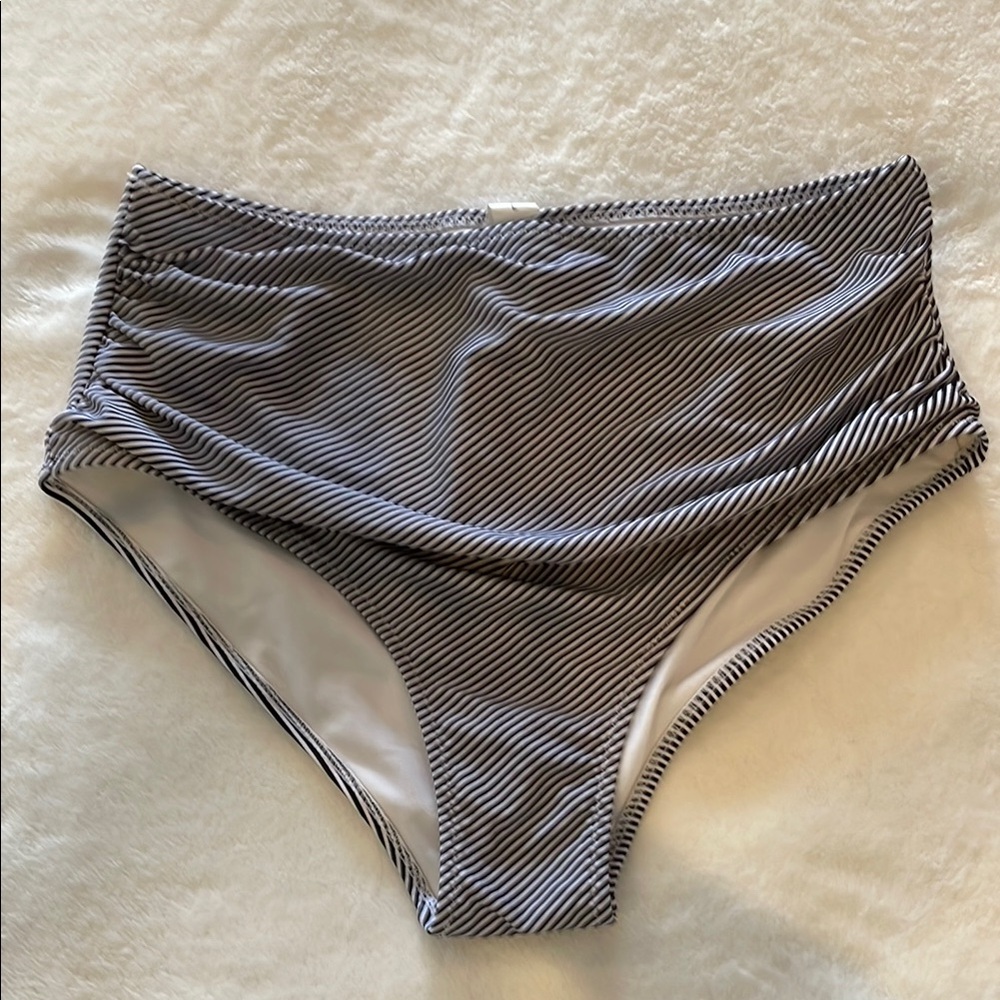 Black and White High-Waisted Bikini Bottoms with Textured Design